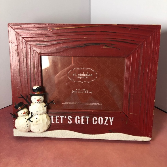 Red Frame With Snowman Couple “Let’s Get Cozy”Holds a 4” by 6” picture - Picture 2 of 3